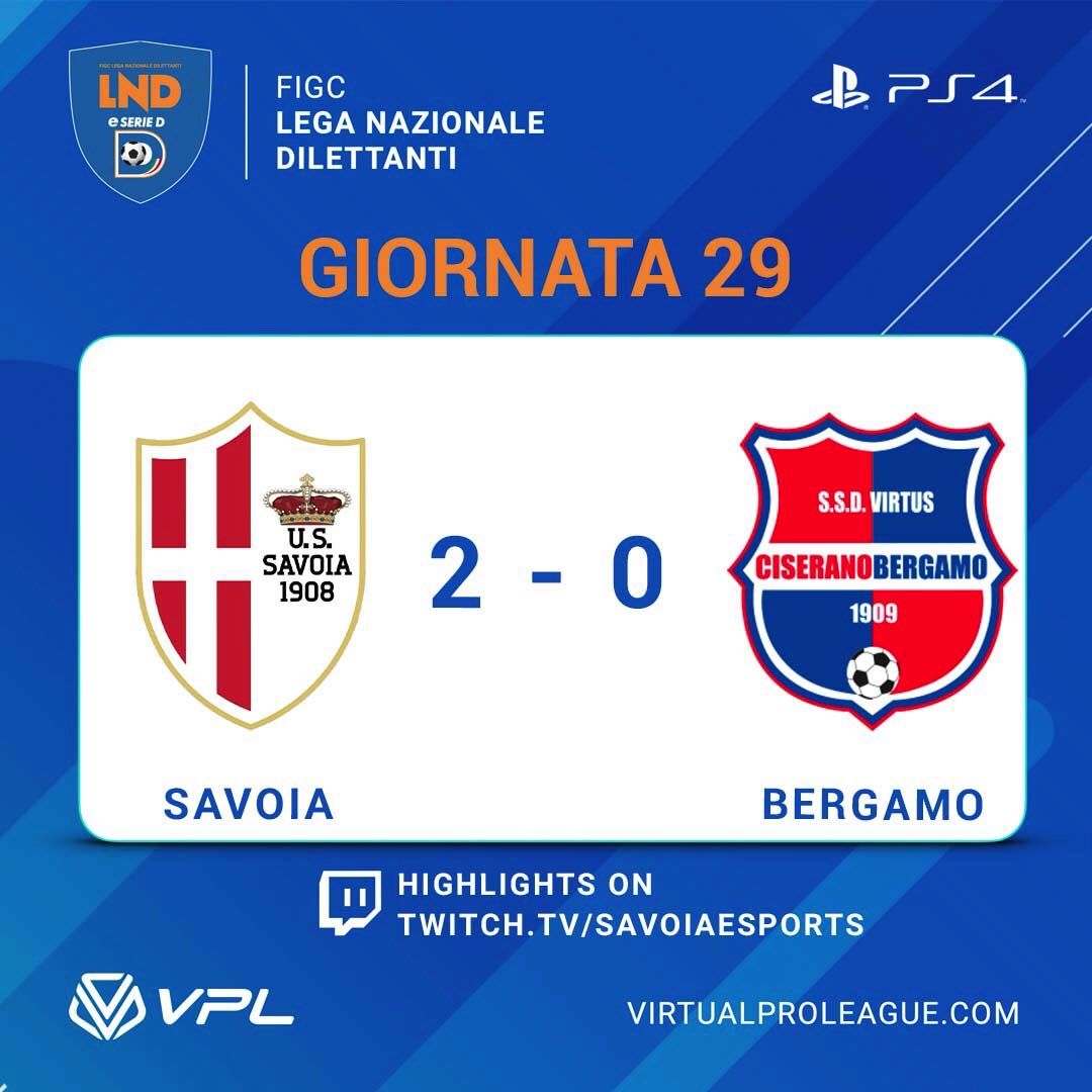 SavoiaeSports's tweet photo. 📌| FULL TIME 🤍🖤

🏆 @LegaDilettanti eSerie D
🆚 @virtusciserano 
✅ 2️⃣➖0️⃣
⚽️ @pakytarantino 
⚽️ @Supremacy1194 
👟 @FantaCecco10 
🏅 @pakytarantino 

#lnd #eseried #11vs11 #proclub #virtualproleague #esport #BianchiAlè #ForzaSavoiaSempre 🏳️ https://t.co/GIvaP1kPLY
