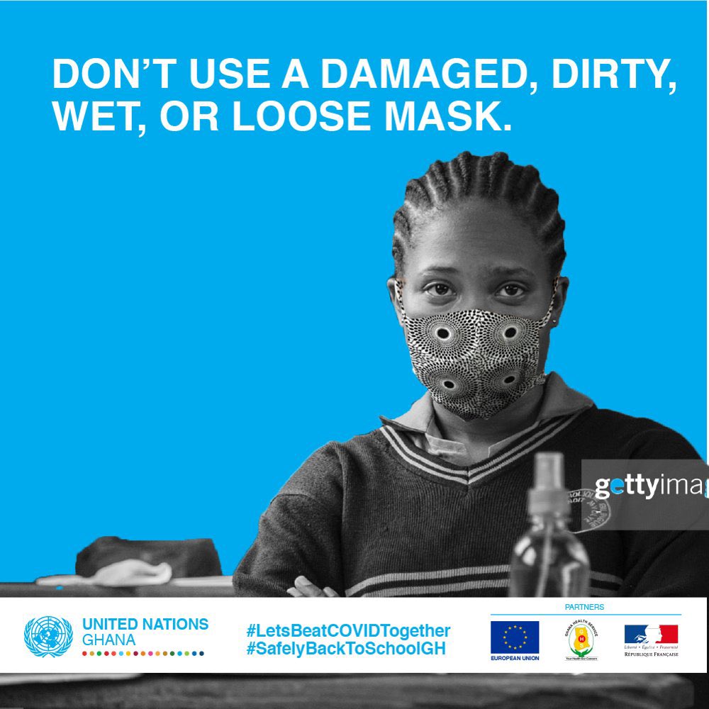 UnescoGhana's tweet photo. Before wearing a cloth mask, make sure it is in good
shape, clean and a perfect fit for your face. These
checks will help keep you from getting infected with
or spreading #COVID19 .
Stay safe.π
#SafelyBackToSchoolGH
#LetsBeatCOVIDTogether https://t.co/rCzwvhQare