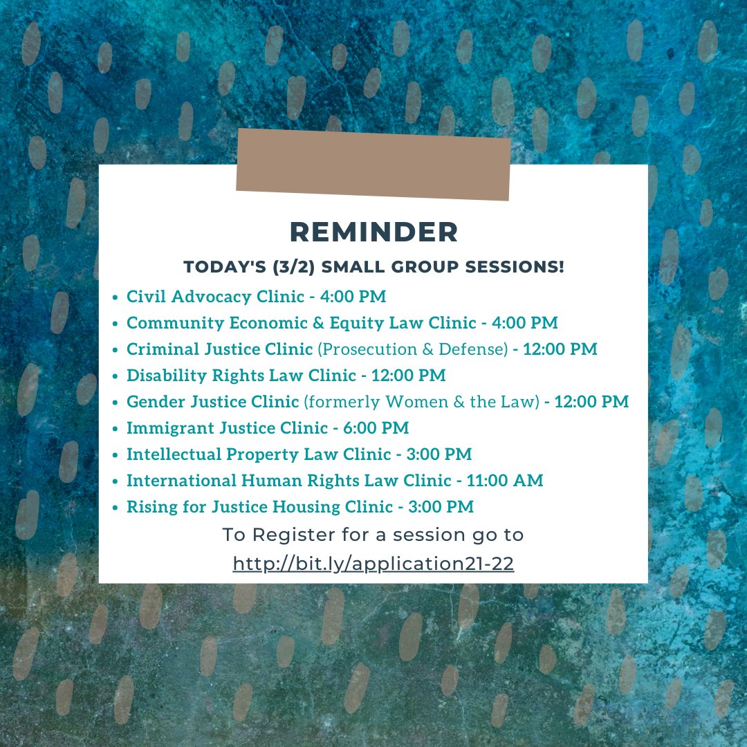 wclclinic's tweet photo. Tune in today for more small group sessions! Hope to see you there! #clinicmatters #studentattorney #registration #signup #groupsession #auwcl #wclclinic https://t.co/n0nvsmLazu