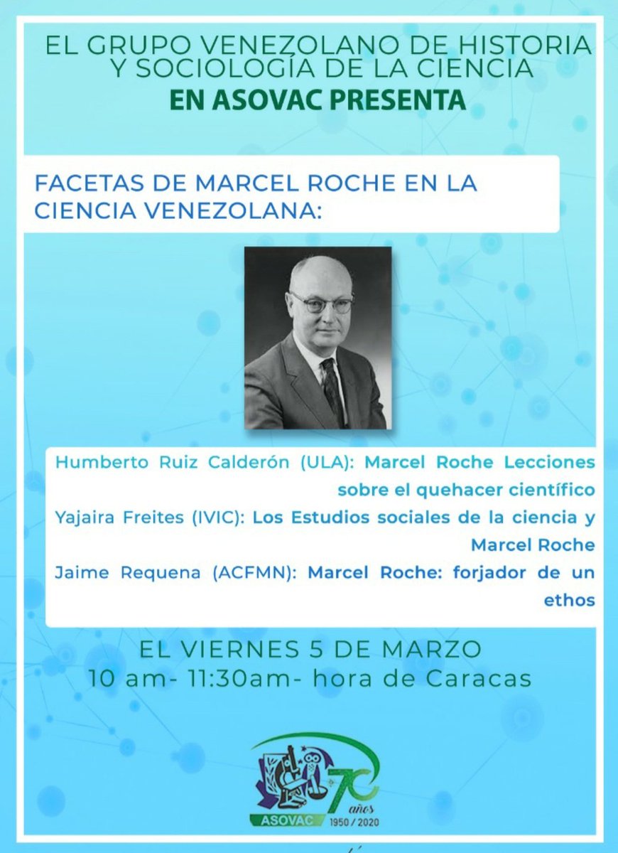 asovaccaracas's tweet photo. La #AsoVAC los invita el viernes 05 de marzo de 2021a las 10 am, a la reunión con el Grupo Venezolano de Historia y Sociología de la Ciencia sobre: Facetas de Marcel Roche en la ciencia venezolana. Enlace: https://t.co/bm6LWklIw8 https://t.co/nGCKjU16sB