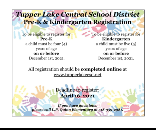 tupperlakecsd's tweet photo. TLCSD Pre-K &amp; Kindergarten Registration. Complete registration online https://t.co/4AIWSPeoE3. Deadline to register April 16, 2021.  Call 518-359-2981 for more information. https://t.co/3EqiQXl6Se