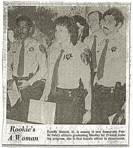 SunnyvaleDPS's tweet photo. In honor of #WomensHistoryMonth, we’d like to pay tribute to our first female Officer, Ronelle Dietsch. Officer Dietsch graduated from our academy in 1975, she was one of 14 recruits at that time and the only female. Officer Dietsch paved the way for so many women who followed. https://t.co/uMFcj5sVK0