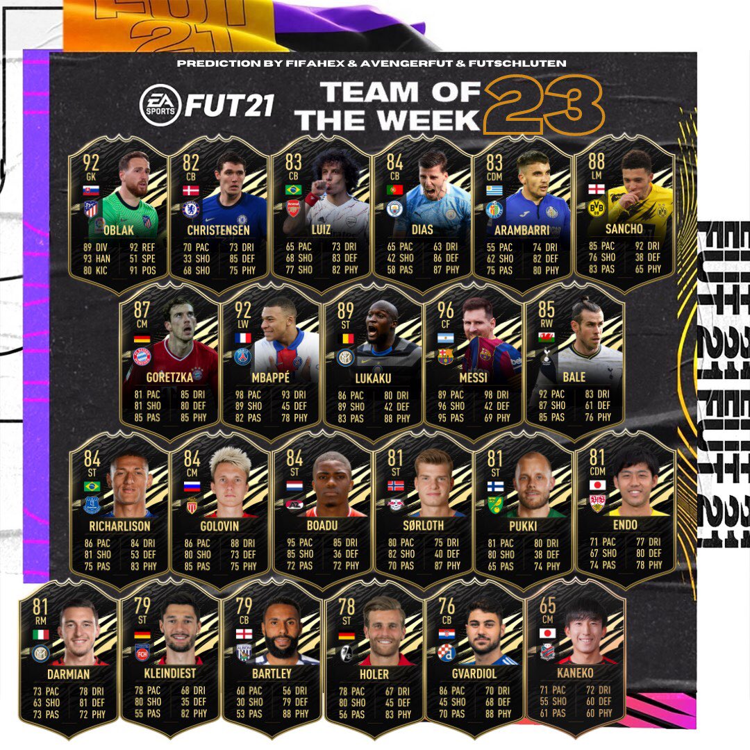 FUTschluten's tweet photo. 👀  TOTW 23 prediction !
#fifa #fifa21 #fifaultimateteam #fifa2021 #fifamemes #fut21 #fifasolutions #fifapacks #fifamarket #fifatrading #trader #fifatrader #trading #fifatrading #totw #sbc #teamoftheweek  #teamoftheyear #toty #squadbuildingchallenge #weekendleague #playerreview https://t.co/opk0DFCbxe