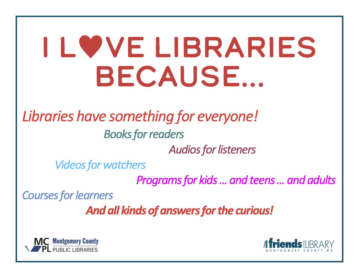 FOLMC's tweet photo. We had a fantastic Library Lovers Month! We want to thank all of you for illustrating how #LibrariesAreInstrumental.
You don’t have to reserve your love for libraries to February, either! Keep your great stories and photos coming by emailing us at office@folmc.org. https://t.co/Unl5IKMJtr