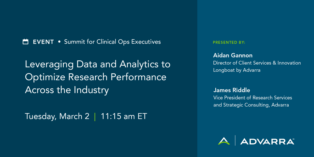 advarra's tweet photo. Join Aidan Gannon and James Riddle’s presentation at 11:15 am ET today on how the clinical research industry can leverage Advarra and Longboat’s data and analytics tools to optimize research performance. #SCOPE2021  https://t.co/AuUcIVXsBv https://t.co/XtRhmsMlHM