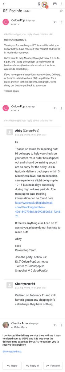 CeeCeeMonrow's tweet photo. @ColourPopCo wanna answer my email about my order that has been missing since February 16th  and u keep sending me a auto generated emails telling me to checking shipping !!!! I DID MANY TIMES ITS LOST HELLOOOOOO SO UNHPPY WITH THEM !!! This is absolutely ridiculous!!!! 🤬😡🤬😡 https://t.co/bBfwZc3tWg