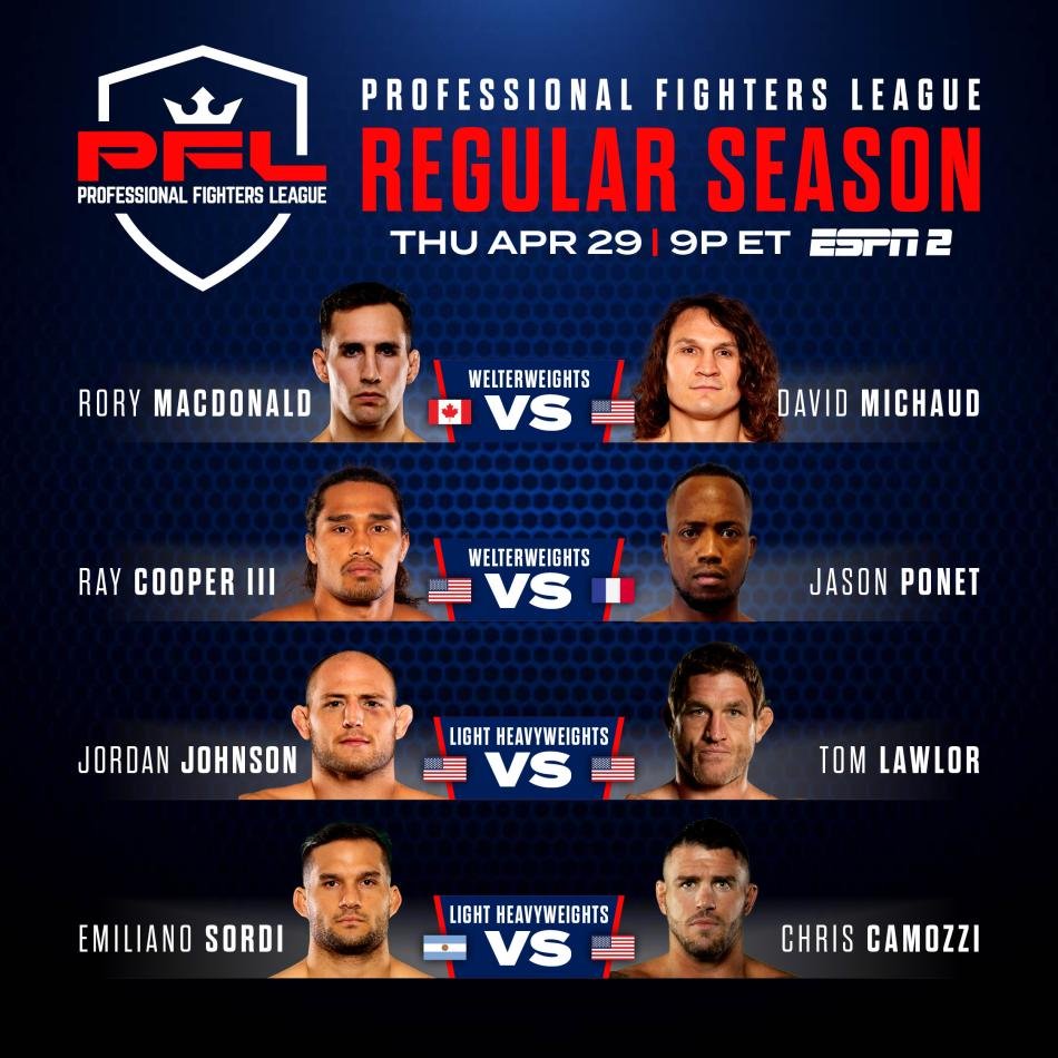PFLMMA's tweet photo. CONFIRMED: #PFL2 Welterweight and Light Heavyweight matchups are set for Thursday, April 29! https://t.co/CVq9r611EW