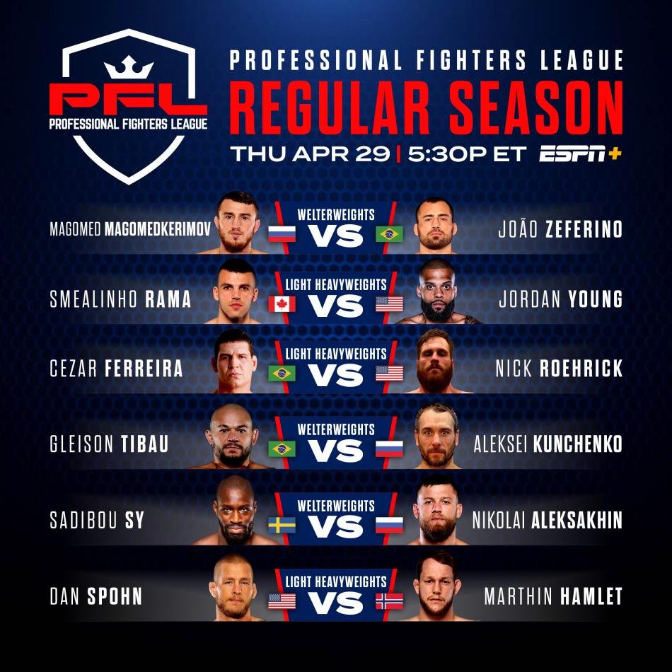 PFLMMA's tweet photo. CONFIRMED: #PFL2 Welterweight and Light Heavyweight matchups are set for Thursday, April 29! https://t.co/CVq9r611EW