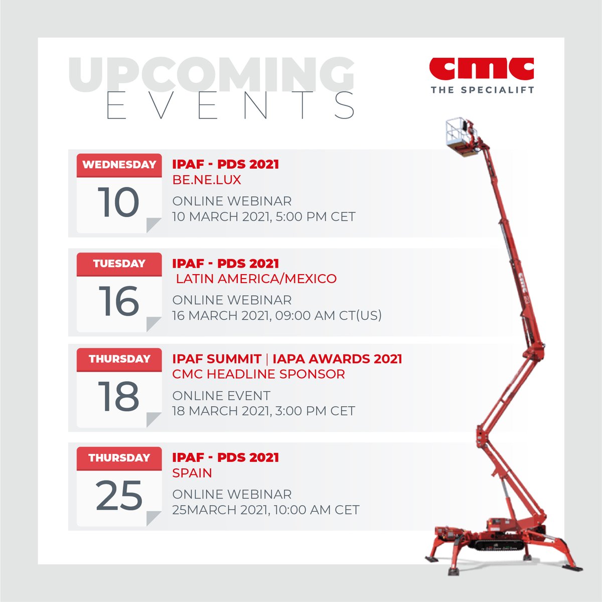 cmclift's tweet photo. Our march 2021 will be full of high profile event, between sponsorships and educational seminars held by @IPAForg .
Make sure to follow all of them by checking our @twitter page throughout the month.
#CMCthespecialift #IPAFsummit #IAPAawards https://t.co/ZDHGooUN4o