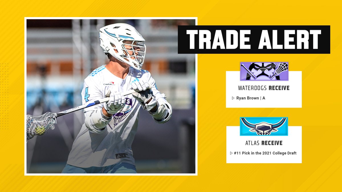 PremierLacrosse's tweet photo. 🚨 OFFICIAL TRADE 🚨

Atlas has traded @rbrownie04 to the Waterdogs for the #11 Pick in the 2021 College Draft. https://t.co/0YwmzoDWpU
