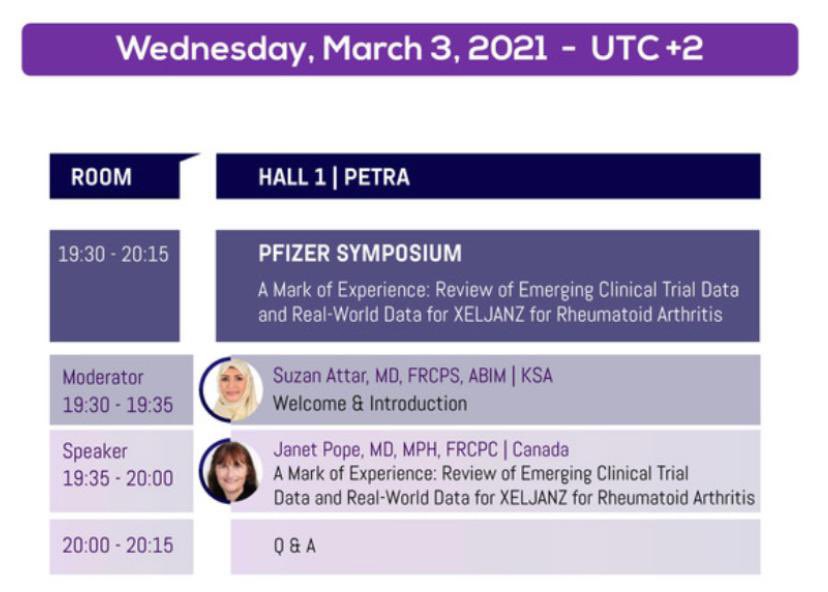 suzan_attar's tweet photo. Join us tomorrow at #ArLAR21 : Review of Data &amp; Real World experience for #XELJANZ in #Rheumatoid_Arthritis 
With Prof.Janet Pope 

Date:  March 3/2021
Time:  19:30-20:15
Registration:  https://t.co/NXouF5otxW

#تجمع_أطباء_العالم 
@Janetbirdope 
#SSRsa_org
#SSIM https://t.co/0c5NKVBIW2