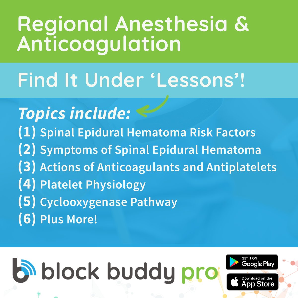 BlockBuddyPro's tweet photo. Our new Regional Anesthesia & Anticoagulation Lesson includes lots of important information, all from the convenience of your smartphone, desktop or tablet! Find it on the #BlockBuddy Pro app now: https://t.co/MEOciNu3TZ https://t.co/ESGSq2hklP