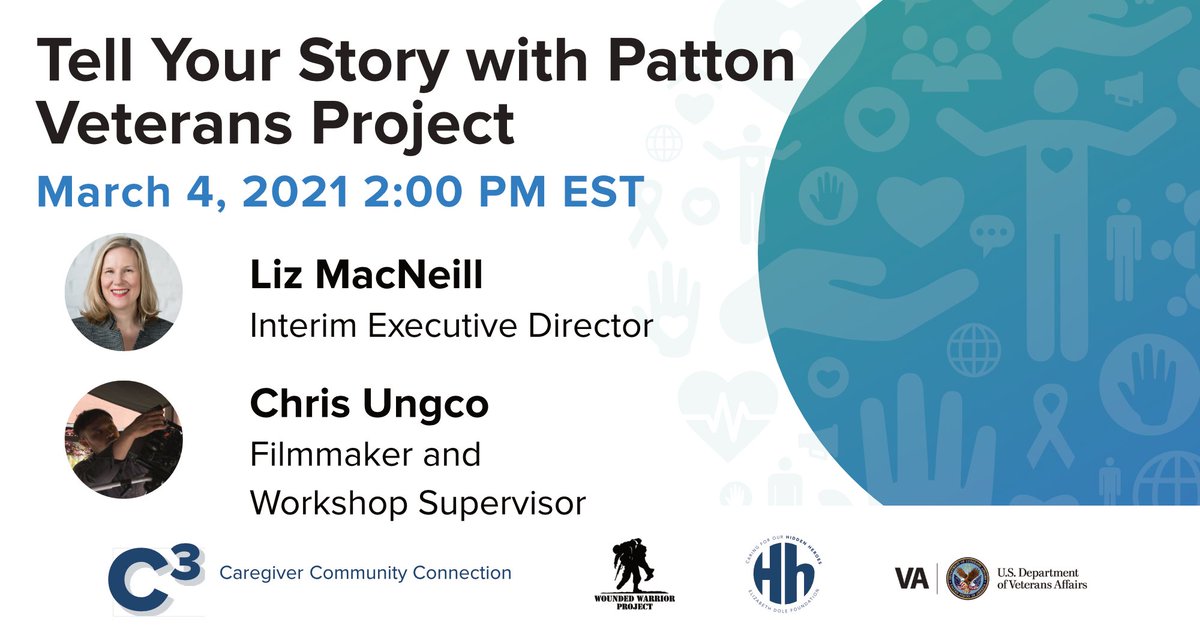 DoleFoundation's tweet photo. Join us in conversation with @PattonVets Interim Executive Director Liz MacNeill and filmmaker and workshop supervisor Chris Ungco. Theyโll be discussing the impact and community that comes from their filmmaking workshops with veterans and their families๐ https://t.co/Fo55MdlQLu https://t.co/CrYsmsgui6