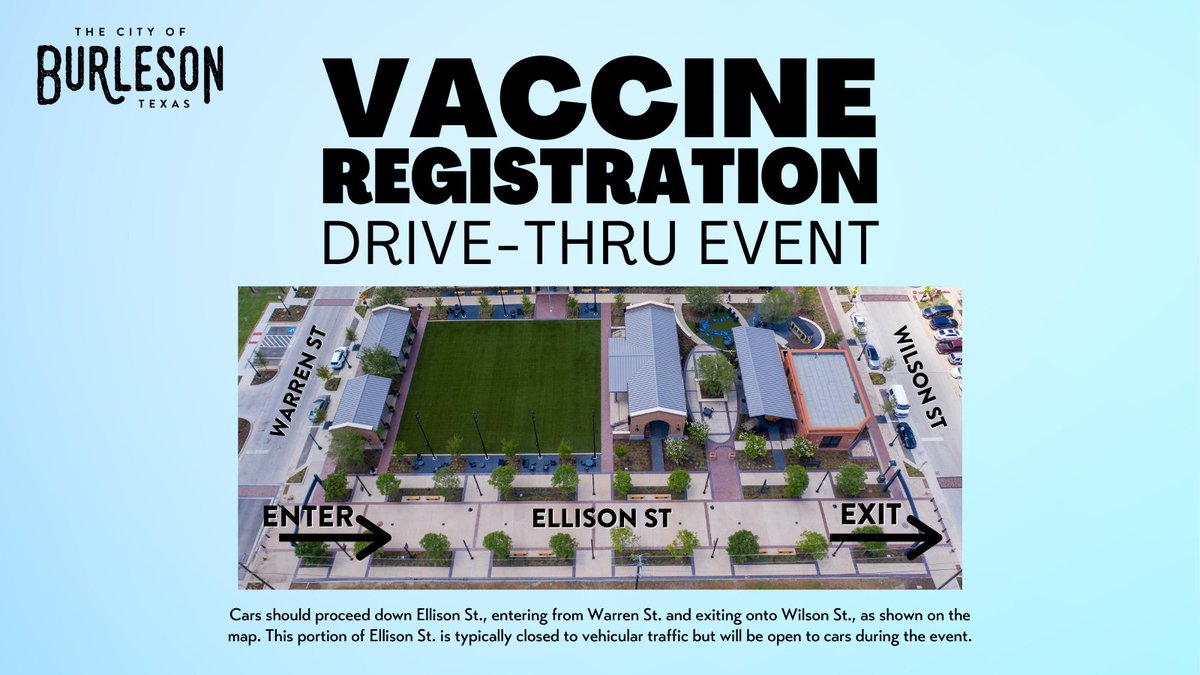 CityofBurleson's tweet photo. The City of Burleson is hosting a vaccine registration drive-thru event at the Mayor Vera Calvin Plaza in Old Town on Saturday, March 6, from 1 - 4 p.m. This event is for REGISTRATION only.

Please help spread the word to anyone without computer access! https://t.co/6kfepavD85
