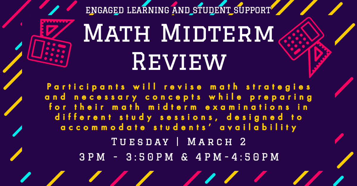 Join us today at 3 pm - 3:50 pm and 4 pm to 4:50 pm for virtual Math Midterm Review Sessions. If you have struggled with math this semester, these review sessions can help prepare you for the upcoming Midterms. 🔗bowiestate.zoom.us/j/7197206638?p…

#ELSS
#bowiestateuniverisity