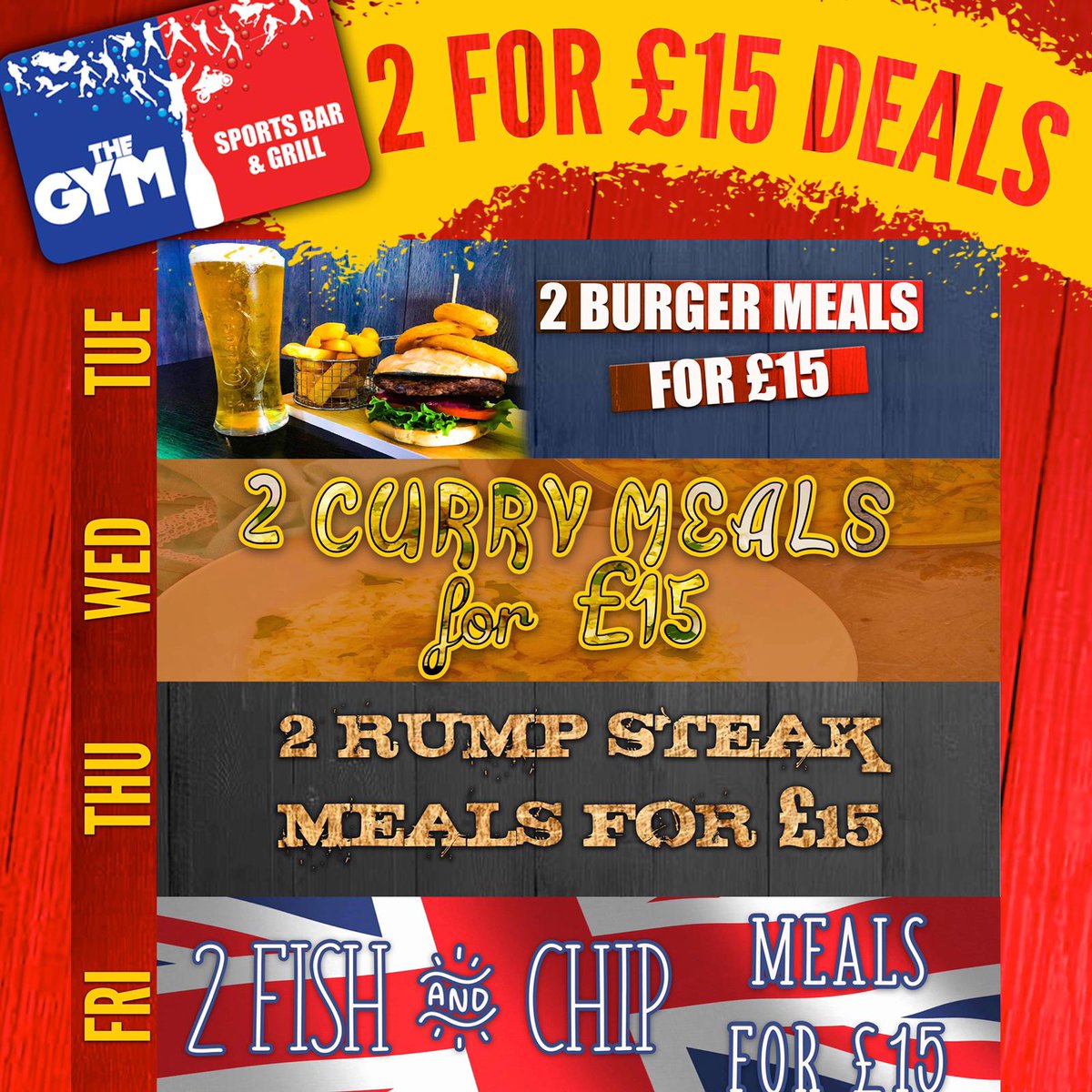 Back delivering our full food &amp; drinks menu from 5 - 11pm today. 
Launching our 2 for £15 deals something different every Tuesday to Friday.
Tonight any 2 burgers for £15 also on tonight selected bottles of wine for £15.