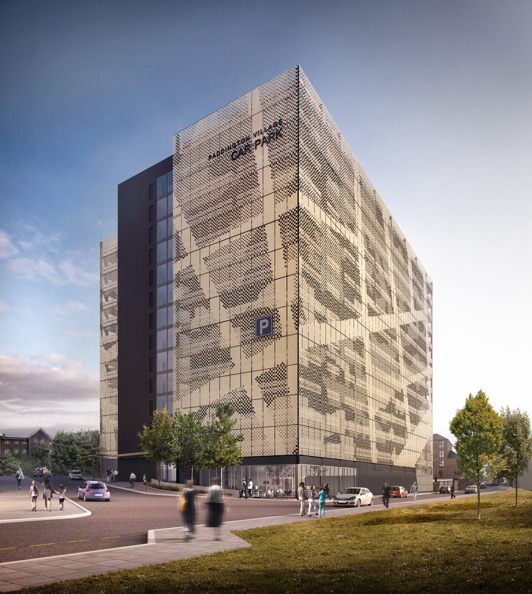 Take a look at the cladding on the #PaddingtonVillage multi-storey car park & energy centre. The pattern features a map of the Williamson Tunnels beneath the site.