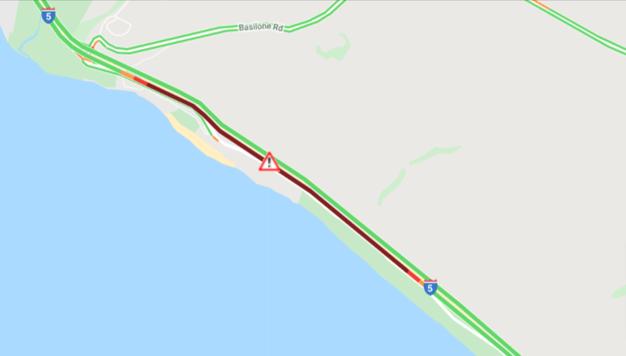 An accident has occurred on Southbound I-5 near Basilone Road. Stay alert and slow down in the area.