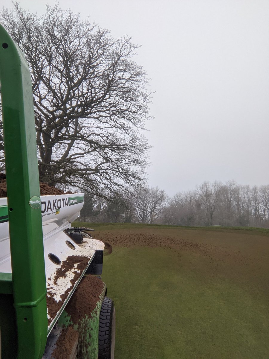 Broomstu's tweet photo. Managed to get the dressing down on greens today @HonitonGolf after a damp misty start, brushed in with dew brushes to keep wheelmarks to a minimum. I had to call in some reinforcements to get the job finished off🤣.#greenkeeping #family #itcanrainnow https://t.co/jnwXvItVPF