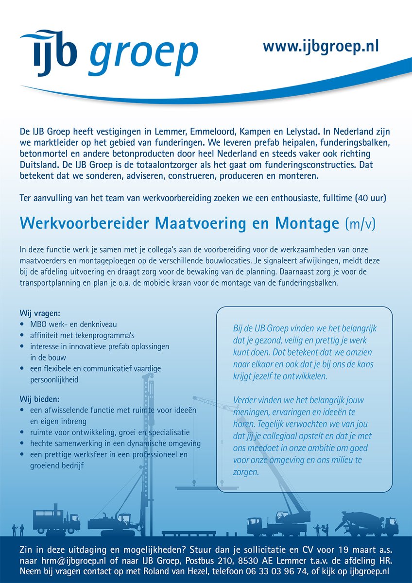 We zoeken een enthousiaste Werkvoorbereider die de werkzaamheden van onze maatvoerders en montageploegen op verschillende bouwlocaties goed voorbereidt. Heb jij wat met tekenprogramma’s en innovatieve prefab oplossingen in de bouw? Kijk dan op: ijbgroep.nl/ijb-groep/werk…