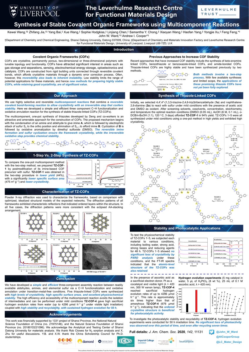 Excited to share our #RSCPoster on the synthesis of stable #COFs using #multicomponent reactions @RSC_PorMat #RSCMat #RSCOrg #RSCCat @AICooperGroup @livuniphyssci @LC_Mater_Design @LeverhulmeTrust