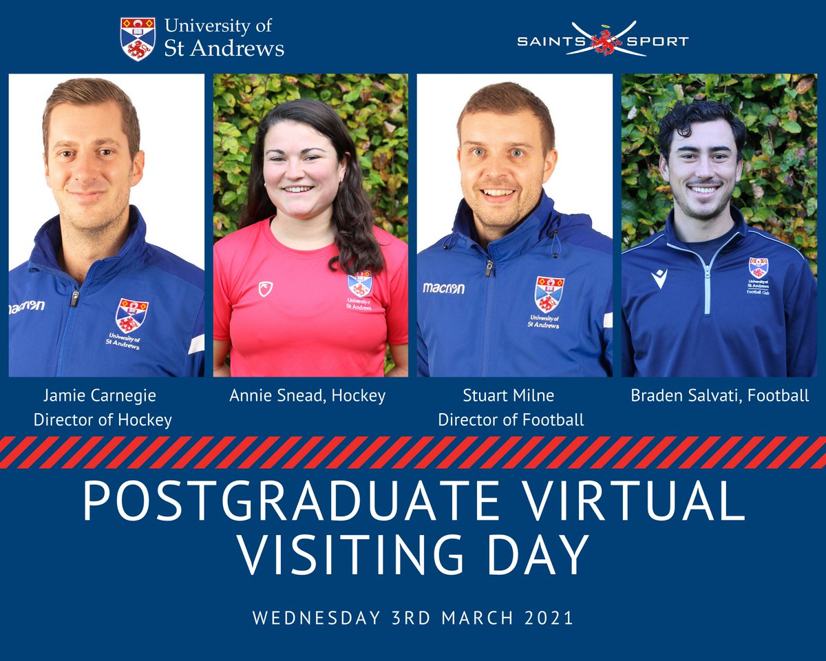 ➡️Postgraduate Visiting Day⬅️

Joining Heather &amp; <a href="/UStAAUPresident/">Sophie Tyler</a> Sophie in the <a href="/SaintsSport/">Saints Sport</a> virtual room tomorrow will be Jamie, Director of <a href="/UStAHockey/">Saints Hockey</a> &amp; Stuart, Director of <a href="/UStAFootball/">Saints Football</a>.  We will be chatting with Annie &amp; Braden, 2 postgrads about sport at <a href="/univofstandrews/">University of St Andrews</a> 💙