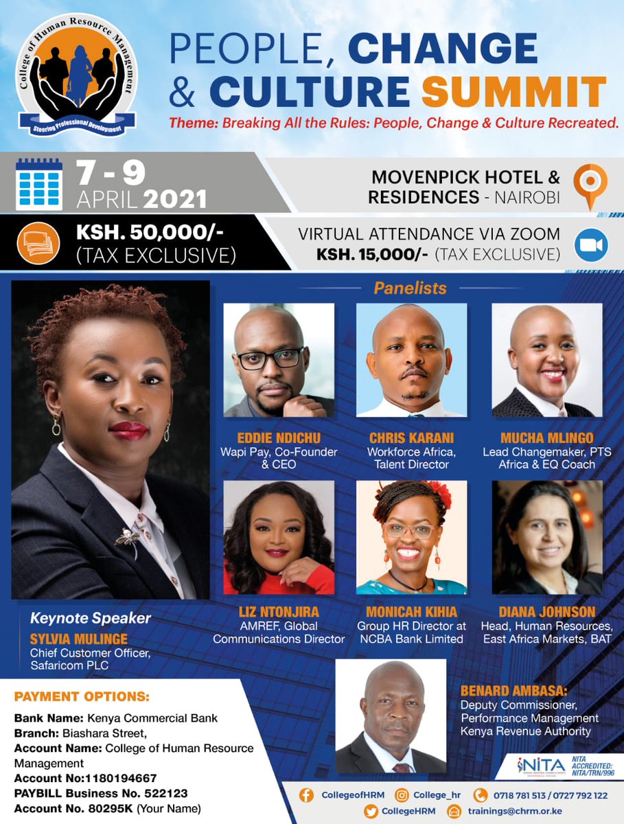 CHRM_College's tweet photo. Are you ready to Break all the rules to deliver value in the new world of work? Register for the People Change and Culture Summit. Dates: 7th-9th April 20201
Venue: Movenpick Hotel, Nairobi
Register on this link https://t.co/v2MkLuHJcK... or email trainings@chrm.or.ke https://t.co/CPFCBlDd4p