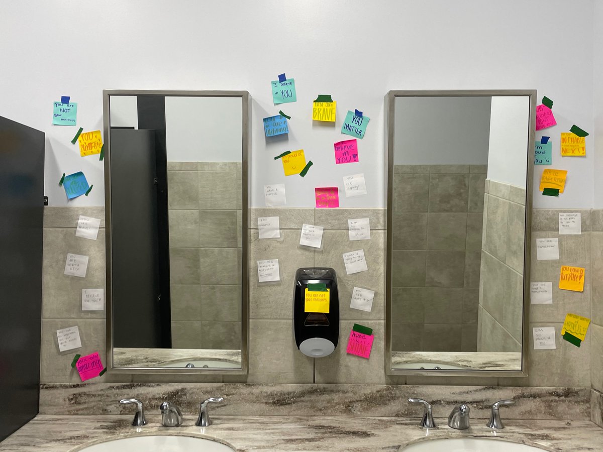 Say Something Week Day 2: notes of encouragement on the bathroom mirrors!

Often times we look in the mirror and instinctively criticize our own appearance, or question our self worth. We are here to remind you that you are valued and supported by our SAVE Promise club members!