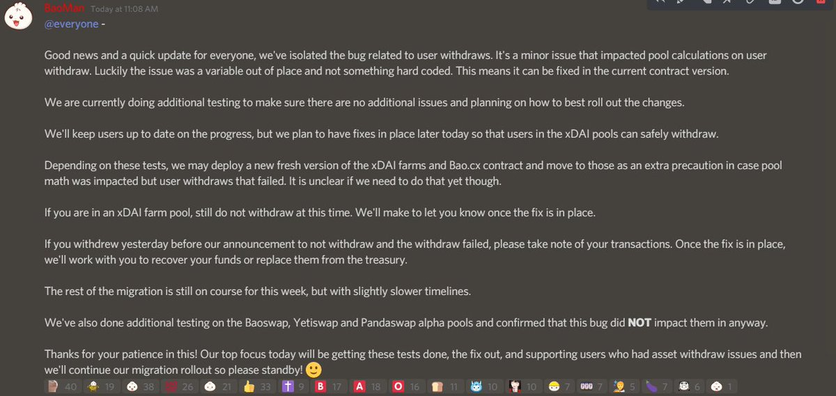 Update: The bug impacting xDAI farms has been identified, luckily it is a small and fixable issue. We'll be rolling out fixes later today after some additional testing and be able to continue on with our migration with only a minor delay :)