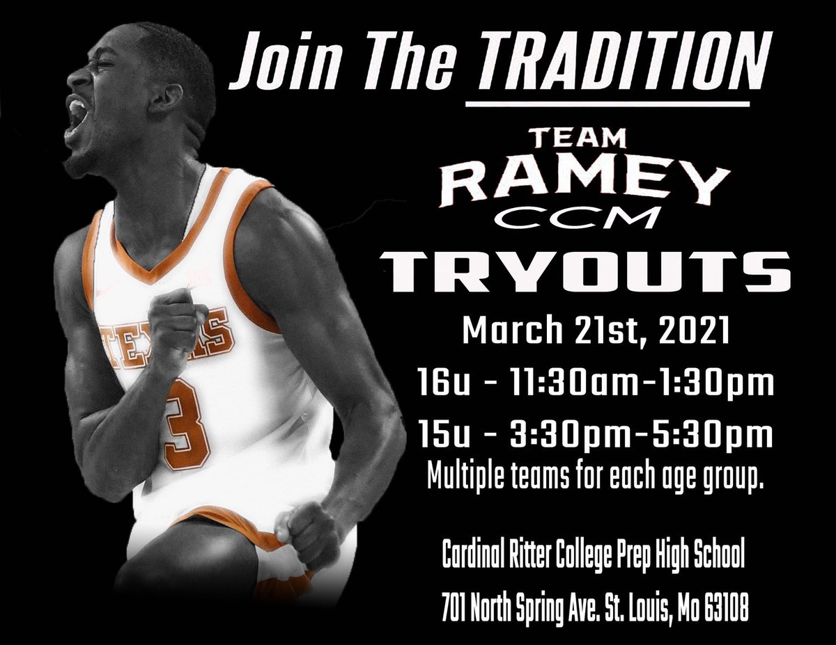 Rameybasketball's tweet photo. Join the Tradition… 

Team Ramey-CCM AAU Tryouts

Our teams will play a safe schedule this year attending major events in: Missouri, Milwaukee, Louisville, Atlanta, Kansas City, and Indy. Over 20+ years of great exposure with over 100 D1 &amp; D2 signees. https://t.co/n8T1K6qNvF