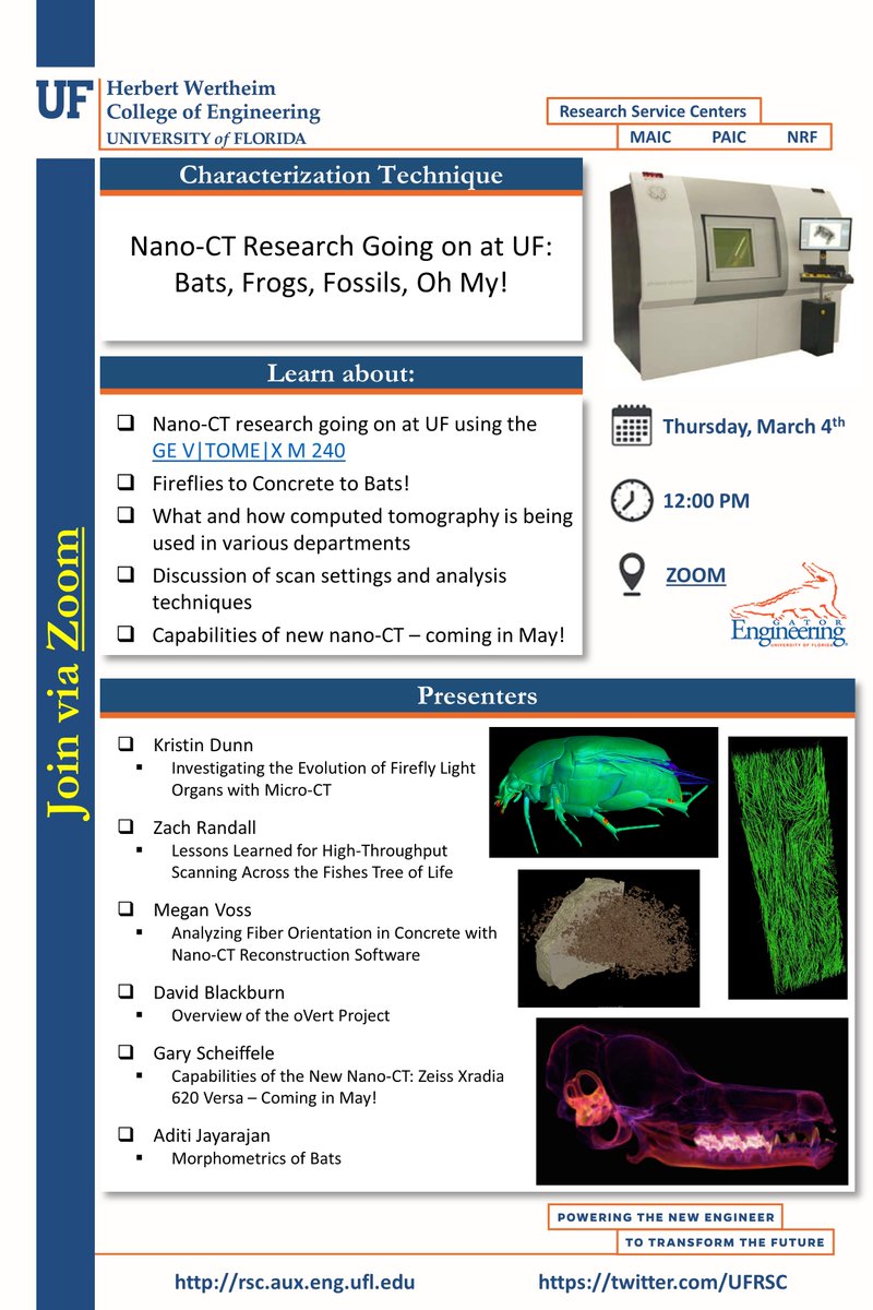 UF Research Service Centers (@ufrsc) on Twitter photo Join us this Thursday (3/4) for our Researcher-Led webinar on all things Nano-CT! Find out about the exciting research going on <a href="/UF/">FLORIDA</a> <a href="/UFRSC/">UF Research Service Centers</a> <a href="/FloridaMuseum/">Florida Museum</a>! And join in the discussion about scanning parameters and analysis. #oVertTCN #NANO
Zoom: ufl.zoom.us/j/98951652582 Join us this Thursday (3/4) for our Researcher-Led webinar on all things Nano-CT! Find out about the exciting research going on <a href="/UF/">FLORIDA</a> <a href="/UFRSC/">UF Research Service Centers</a> <a href="/FloridaMuseum/">Florida Museum</a>! And join in the discussion about scanning parameters and analysis. #oVertTCN #NANO
Zoom: ufl.zoom.us/j/98951652582