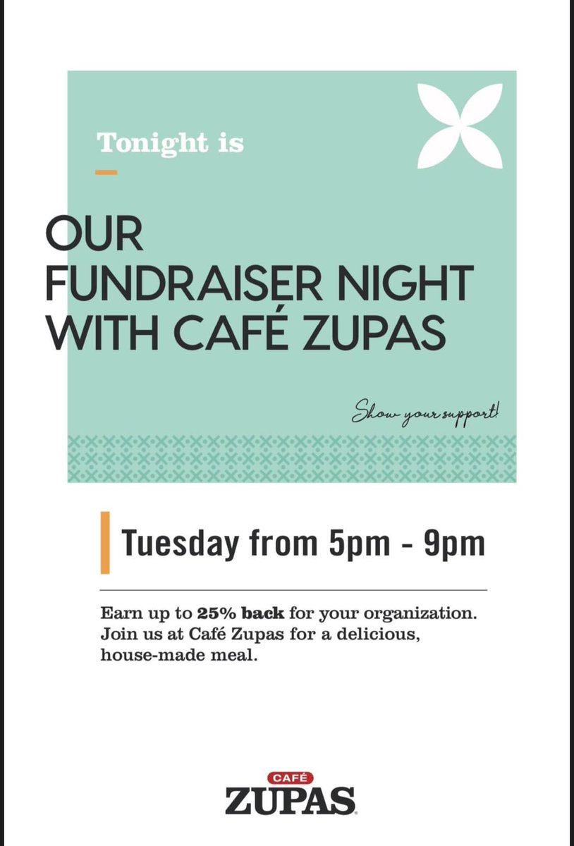 FlwWiPTA's tweet photo. Looking for a dinner option?  Help support our PTA and enjoy dinner at Cafe Zupas!  See you tonight. #dineout #flwpta https://t.co/Soz4wfUCxt