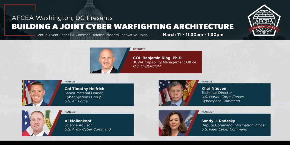 AFCEADC's tweet photo. Join us virtually for #CYBERCOM on March 11 to hear #DoD leaders and technology experts discuss how #JCWA will be the catalyst for interoperability, coordination, and collaboration across the cyber warfighting domain.

Register today: https://t.co/VL5UEigutd https://t.co/QDddZvtWo4