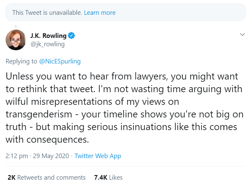 zei_squirrel's tweet photo. jk rowling has the magical ability to make posts of anyone she dislikes disappear by threatening to destroy their lives with her high-powered lawyers, all the while cosplaying as a victim of "cancel culture" and advocate for free speech https://t.co/6NoFmTWK7Y
