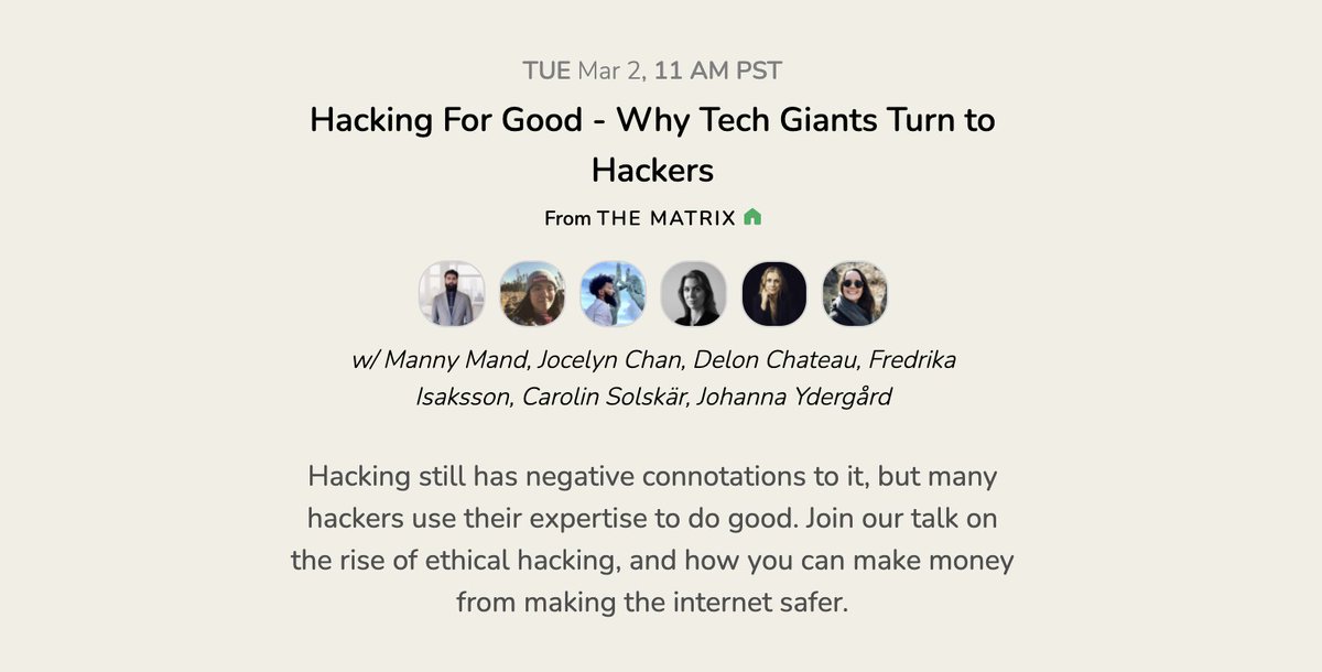 detectify's tweet photo. Today 8PM CET/2PM EST we are trying something new and hosting a talk together with friends from @thematrixch @hackerschange to talk about Hacking for Good. Join @mannymand_ @ydergard @delonchateau @jocieinsthlm #ethicalhacking #infosec https://t.co/RALl1bhKIX https://t.co/khDbDfeyQr