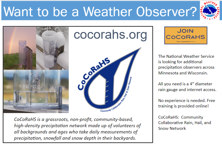 Additional weather observers are needed across Minnesota and Wisconsin! Share measurements of rain and snow from your backyard, and help the National Weather Service and many others who need weather information. Join @CoCoRaHS today! https://t.co/1VUih7h0Aq #mnwx #wiwx https://t.co/GX2n7bQkvH