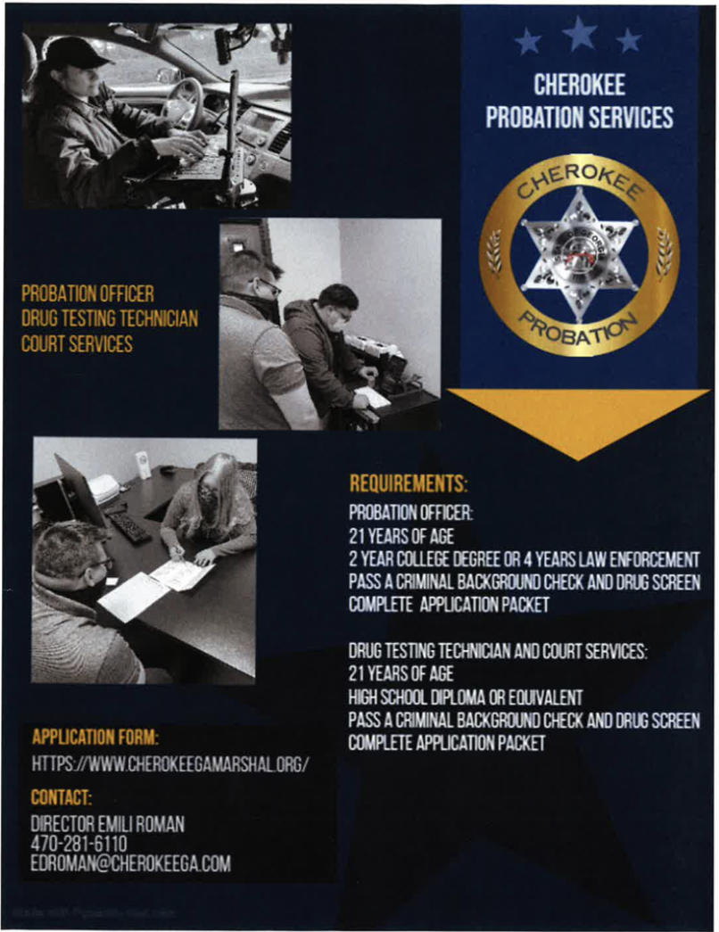 CherokeeMarshal's tweet photo. Cherokee Probation Services under the Marshal’s Office is now hiring for:
Probation Officer, Drug Testing Technician, and Court Services. See attached flyer for more information. https://t.co/Blg5dXtfW0