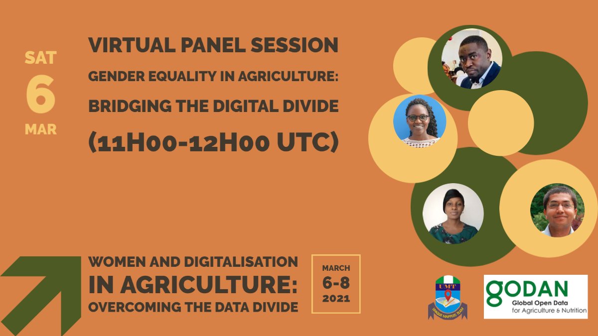 In celebration of #IWD2021 and #OpenData day, GODAN and <a href="/uniquemappers/">UniqueMappersTeam</a> are hosting an event from 6-8 of March, kicking off on the 6th at 11h00 UTC with a panel session exploring #genderequality in digital #agriculture

Register and find out more here: godan.info/events/women-a…