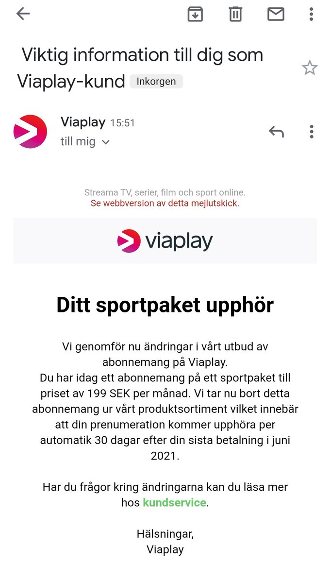 Far och flyg, Viaplay. Över tio år som kund. Nu när ni tappar Champions League, så känner ni att det där med att sparka ut de trognaste kunderna är vägen till framgång.
