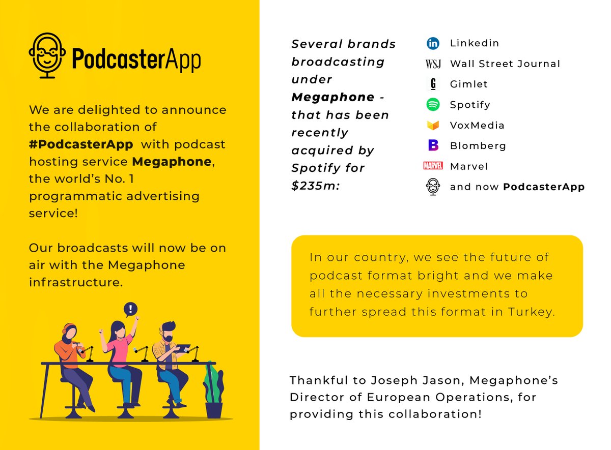 podcaster_app's tweet photo. 🎉 We are delighted to announce the collaboration of #PodcasterApp with podcast hosting service Megaphone, the world's No. 1 programmatic advertising service!

👊🏼 Our broadcasts will now be on air with the Megaphone infrastructure. https://t.co/anYByJvSKy