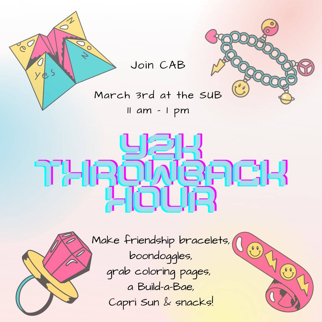 CentenaryCAB's tweet photo. Join CAB tomorrow at the Sub from 11 am - 1 pm to create boondoggles, friendship bracelets, grab some coloring pages and even grab some extra Build-a-Baes! There will also be Capri Suns! https://t.co/LEzXMz8Z0A