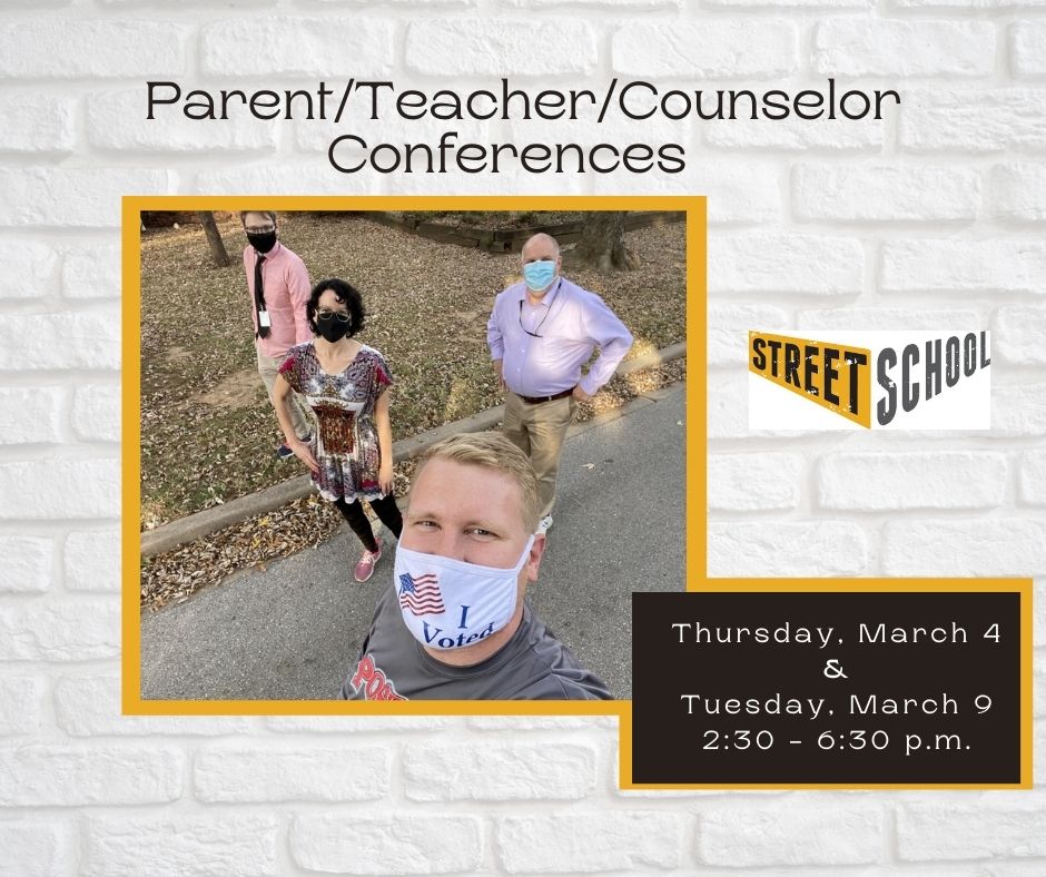Save the date and make plans to attend! It's time for parent-teacher-counselor conferences at Street School. Parents and guardians are welcome to attend in-person or, you can Zoom. Call 918-833-9800 to request a Zoom conference.