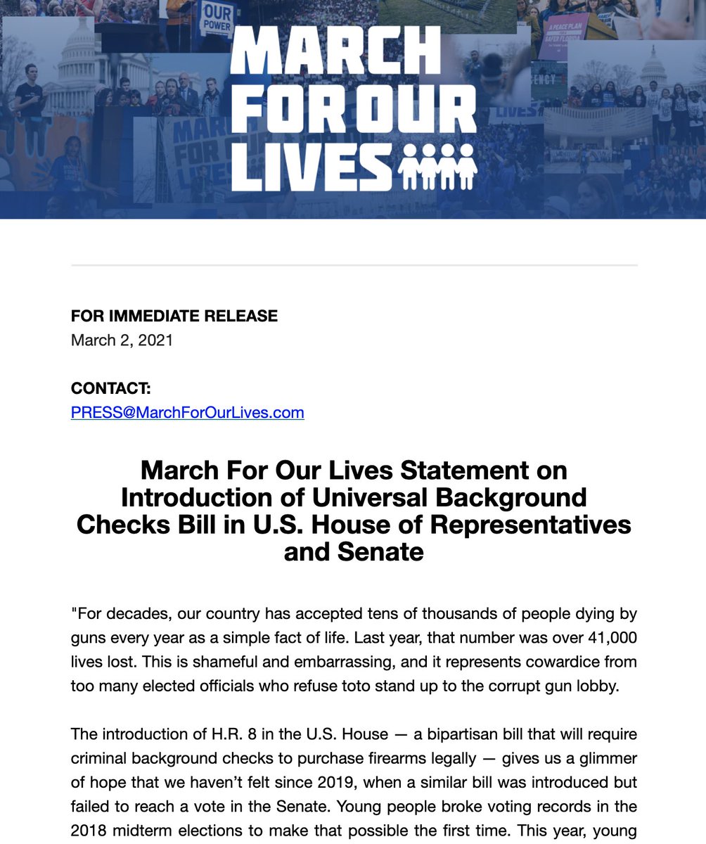 AMarch4OurLives's tweet image. Our Statement on the Introduction of the Universal Background Checks Bill in the U.S House of Representatives and Senate