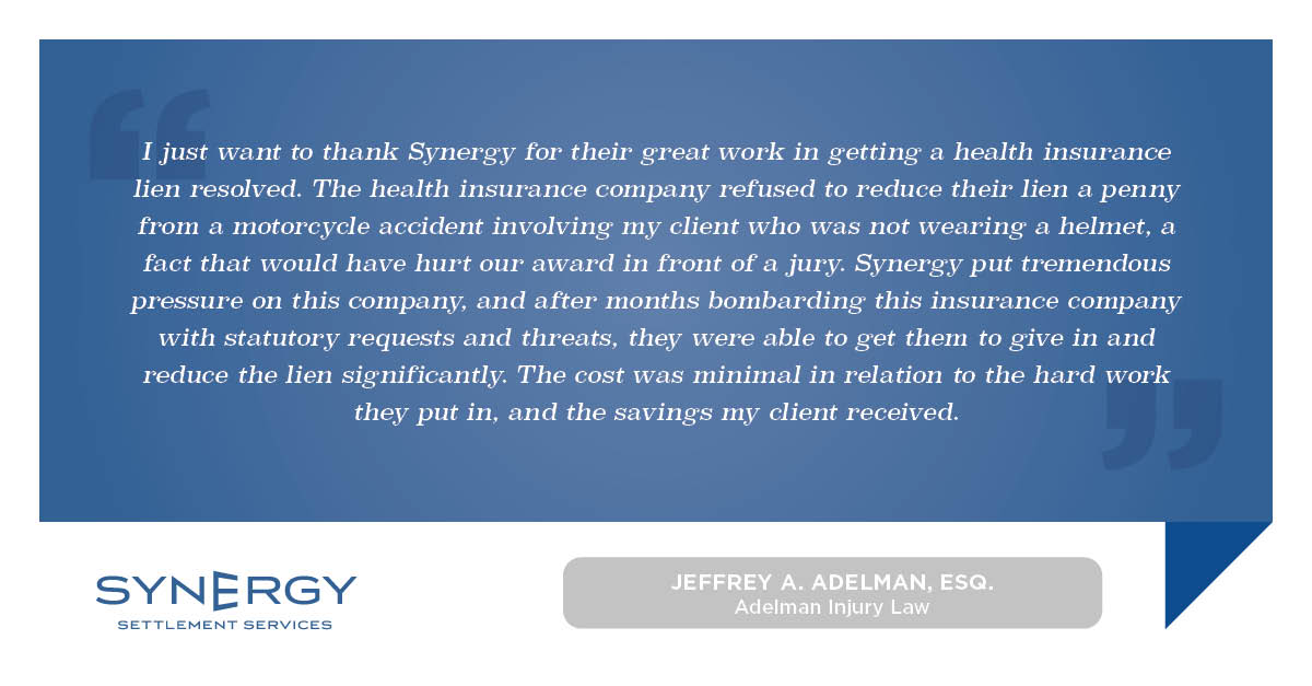 synergypartnr's tweet image. See what Jeffrey A Aldelman, Esq. of @AdelmanLaw had to say about Synergy getting a health insurance lien significantly reduced:
 
#TestimonalTuesday #LienReduction