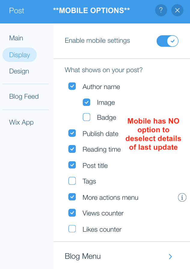 MarcoInvierno's tweet photo. @WixHelp Thank you. Yes, I followed these steps already. As the attached 2 screengrabs show, there is no option in mobile to turn off details of latest update to a blog - while in desktop, there is. Why is this? https://t.co/pBjpoaOGsJ