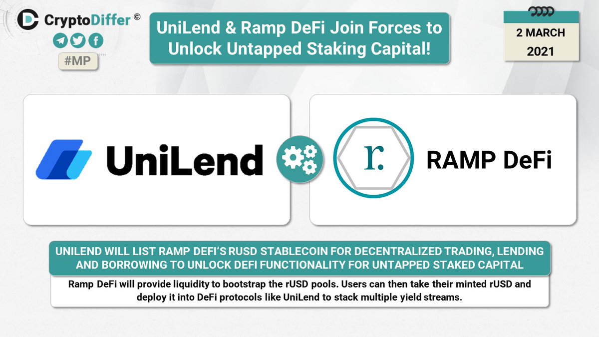 ❗️ <a href="/UniLend_Finance/">UniLend Finance</a> $UFT &amp; @RampDeFi $RAMP Join Forces to Unlock Untapped Staking Capital!

UniLend will list Ramp DeFi’s rUSD stablecoin for decentralized trading, lending and borrowing. Ramp DeFi will provide liquidity to bootstrap the rUSD pools

👉 unilend.medium.com/unilend-ramp-d…