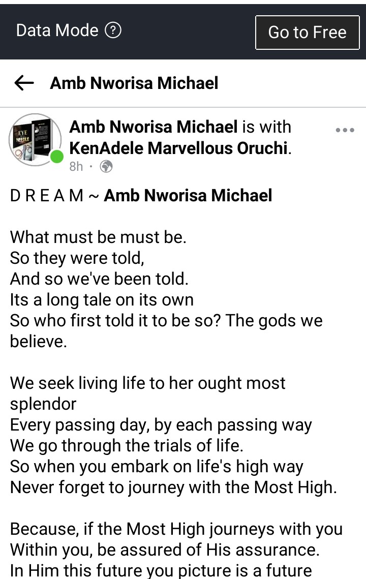 NworisaMichael's tweet photo. Dream by @NworisaMichael
#Morelifepoetry
#Morelifeconcert
#10daysofpoetry
#10Daysofpoetrychallenge @oruzkennedy https://t.co/mspl1upeEu