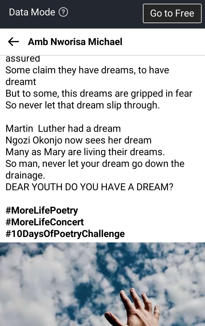 NworisaMichael's tweet photo. Dream by @NworisaMichael
#Morelifepoetry
#Morelifeconcert
#10daysofpoetry
#10Daysofpoetrychallenge @oruzkennedy https://t.co/mspl1upeEu