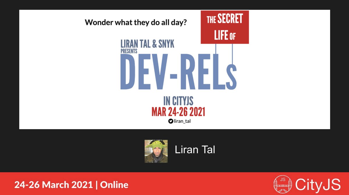 liran_tal's tweet image. I&apos;ll be speaking about my first year as a Developer Advocate in a developer-first security company at @CityJSConf 

Hope I see you at the conference online: cityjsconf.org
#javascript #CITYJS2021 #DevRel