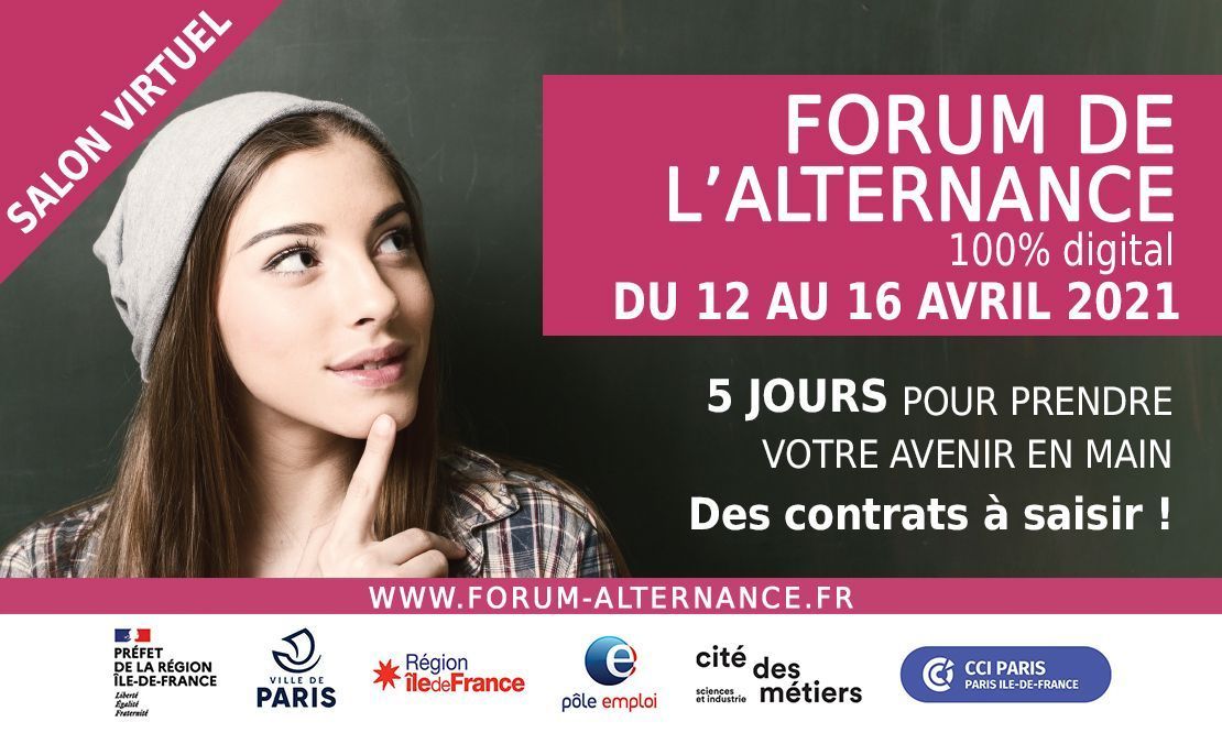 📢 Forum de l'alternance du 12 au 16 avril, 100% en ligne
Au programme :
- Offres de contrats 
- Stands recruteurs &amp; centres de formation
- Conférences &amp; ateliers
- Speed-meetings
Les inscriptions ouvrent en mars 👉 buff.ly/2VLVqKS
<a href="/citedessciences/">Cité des sciences et de l'industrie</a> <a href="/bibliothequeBSI/">Bibliothèque - Cité des sciences et de l'industrie</a>